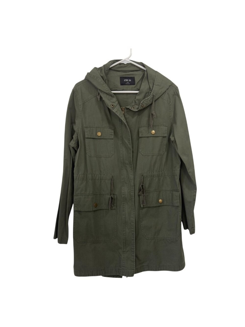 Active USA Olive Green Hooded Utility Jacket full Zipper & Pockets Size Large